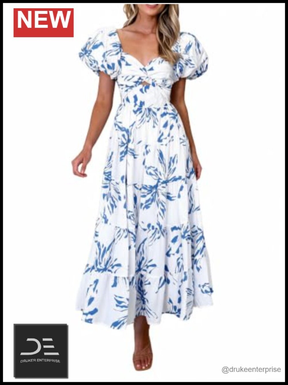 Women's Boho Floral Puff Sleeve Sweetheart Neck Flowy Maxi Dress